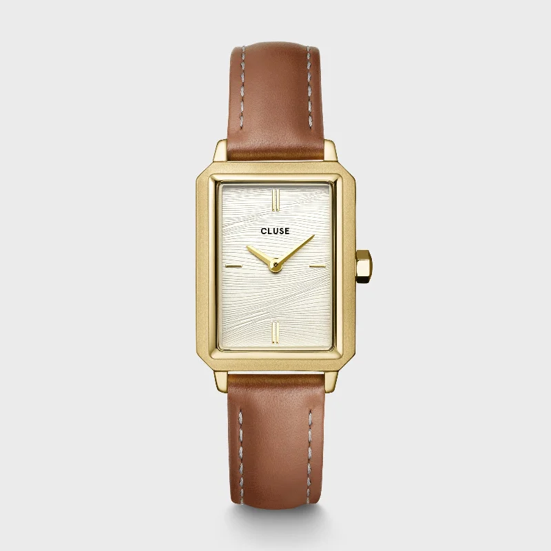 Women's Thick Case Design Mechanical Watches-Fluette Watch Leather Nutshell, Sand Texture White, Gold Colour