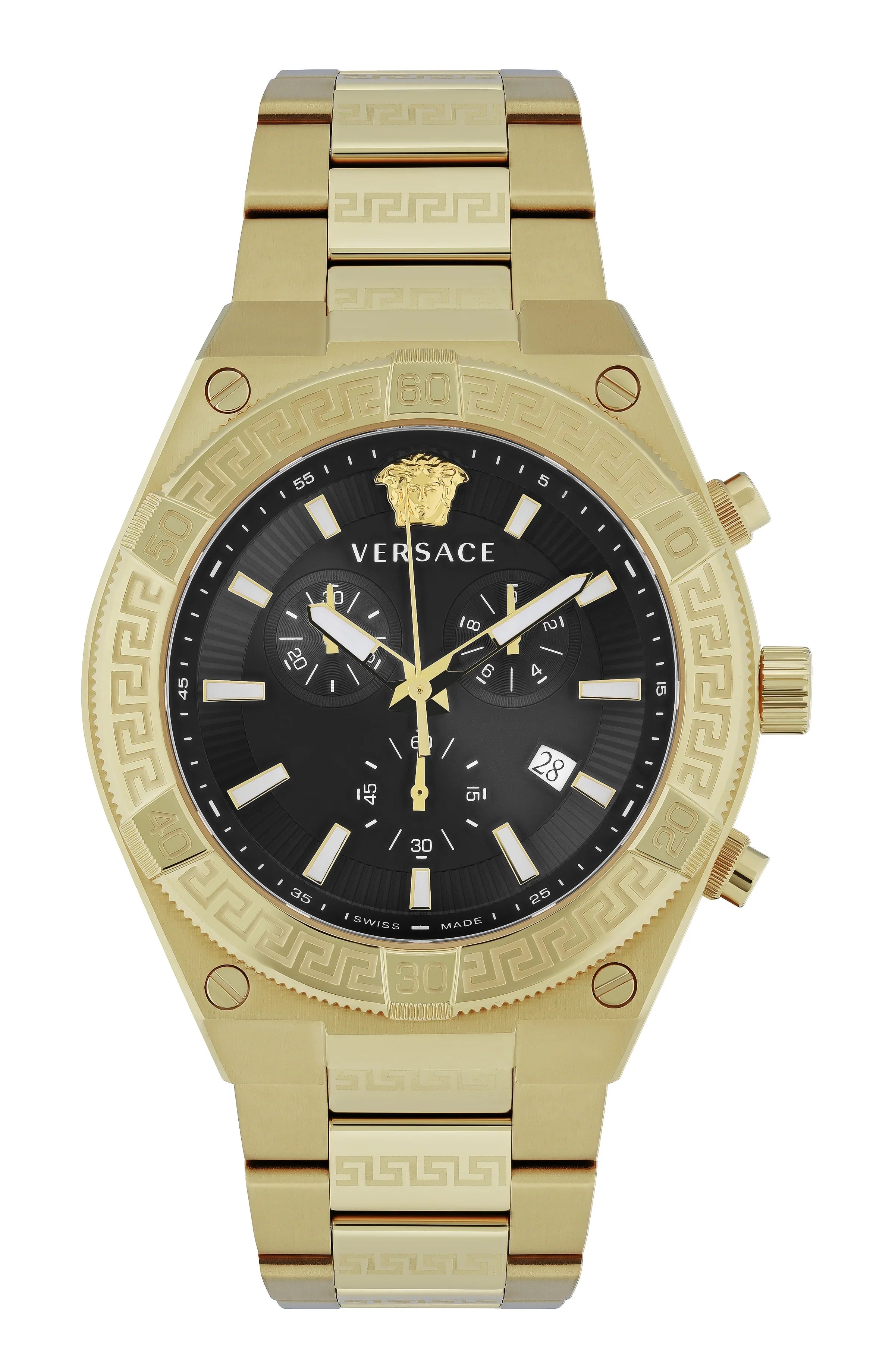 Men's Swiss Monogrammed Edition-Versace Men's Watch Greca Sporty Chronograph 46mm Black Gold VESO00922