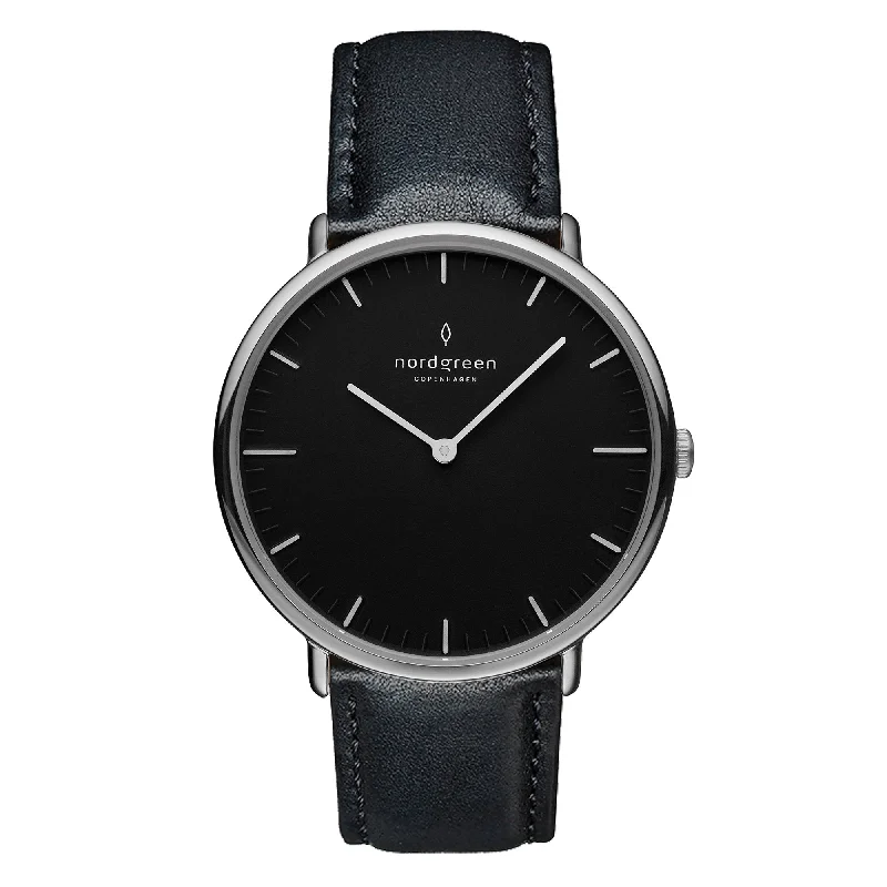 Men's Square Case Style Dress Watches-Nordgreen Native Black Leather 36mm Silver Case Watch
