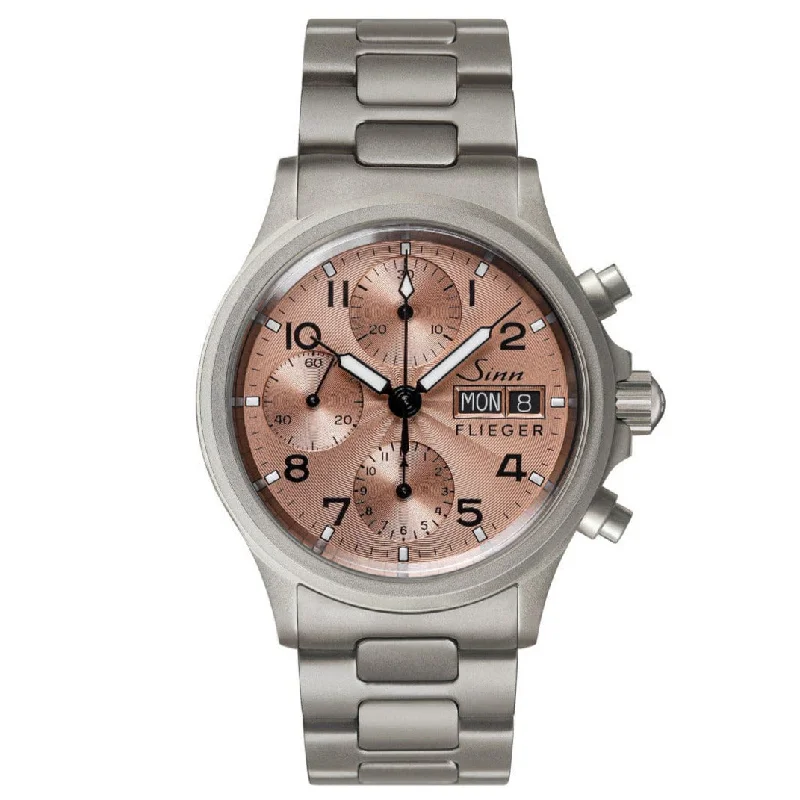 Men's Field Watches Straps-Sinn 356 Sa Pilot II Automatic Chronograph Watch - Salmon Dial - Solid Bracelet Men's Field Watches Straps-Sinn 356 Sa Pilot II Automatic Chronograph Watch - Salmon Dial - Solid Bracelet
