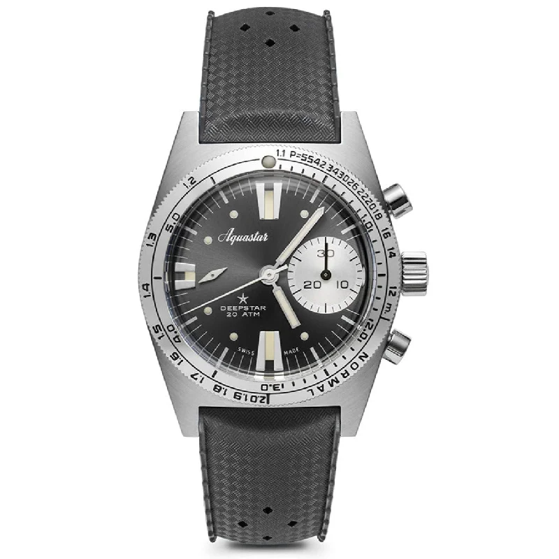 Men's Chronograph Watches with Calendar -Aquastar Deepstar 39mm Chronograph Steel Grey Dial Tropic Strap