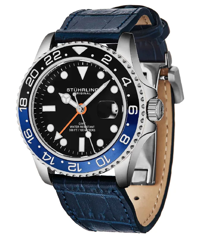 Black Dial / Silver Case / Blue Leather Band / Deployant Buckle