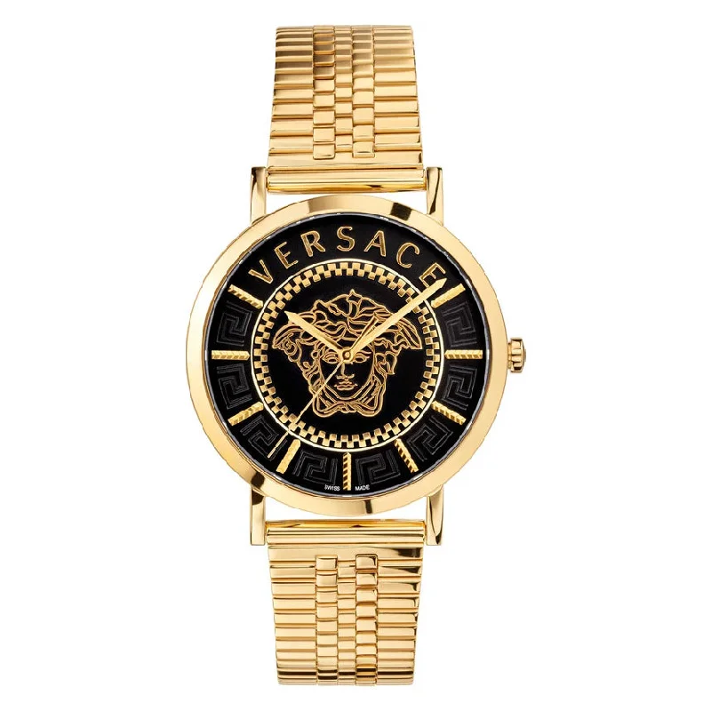 Men's Swiss Watch Limited Edition-Versace Men's Watch V-Essential Black Gold Bracelet VEJ400521