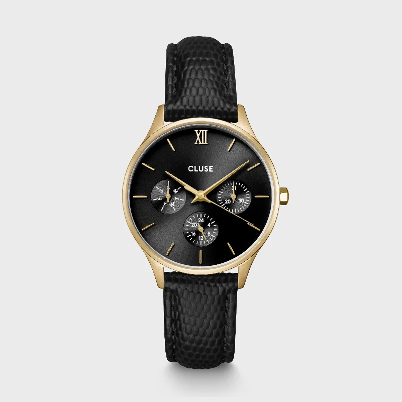Women's Customized Design Mechanical Watches-Minuit Multifunction Black Watch Leather, Black Lizard, Gold Colour