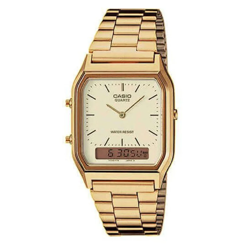 Unisex Mechanical Movement Style Watches-Casio Watch Vintage Retro Dual Time Gold AQ-230GA-9DMQ