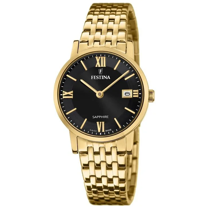 Men's Engraved Design Dress Watches-Festina F20021/3 Ladies Gold Swiss Made Watch