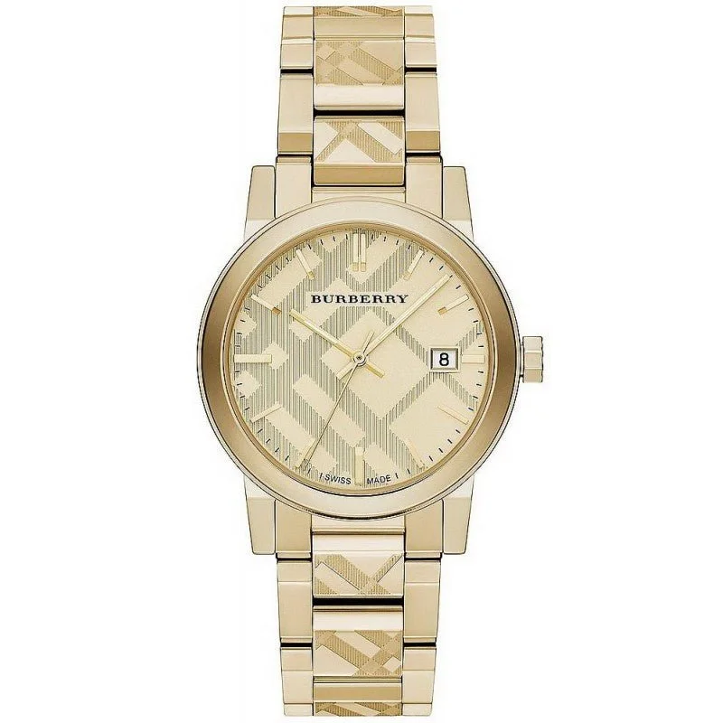 Unisex Japanese Made Style Watches-Burberry BU9038 The City Engraved Checked Gold 38mm Watch