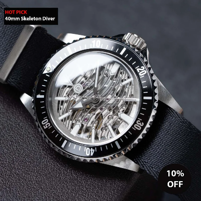 Luxury Men's Skeletonized Watches -40mm Gun Silver Wave Skeleton Dive Watch Kit with Black Nylon strap (Seiko Silver NH70A) with tools and video instructions