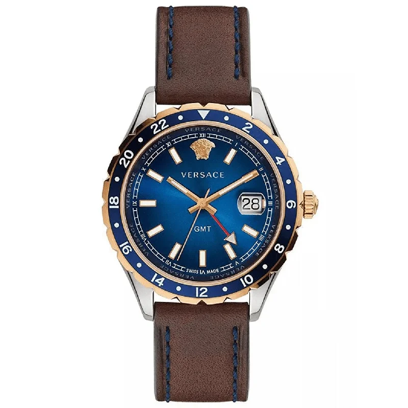 Men's Quartz Swiss Watches-Versace Men's Watch Hellenyium GMT Blue Leather V11080017