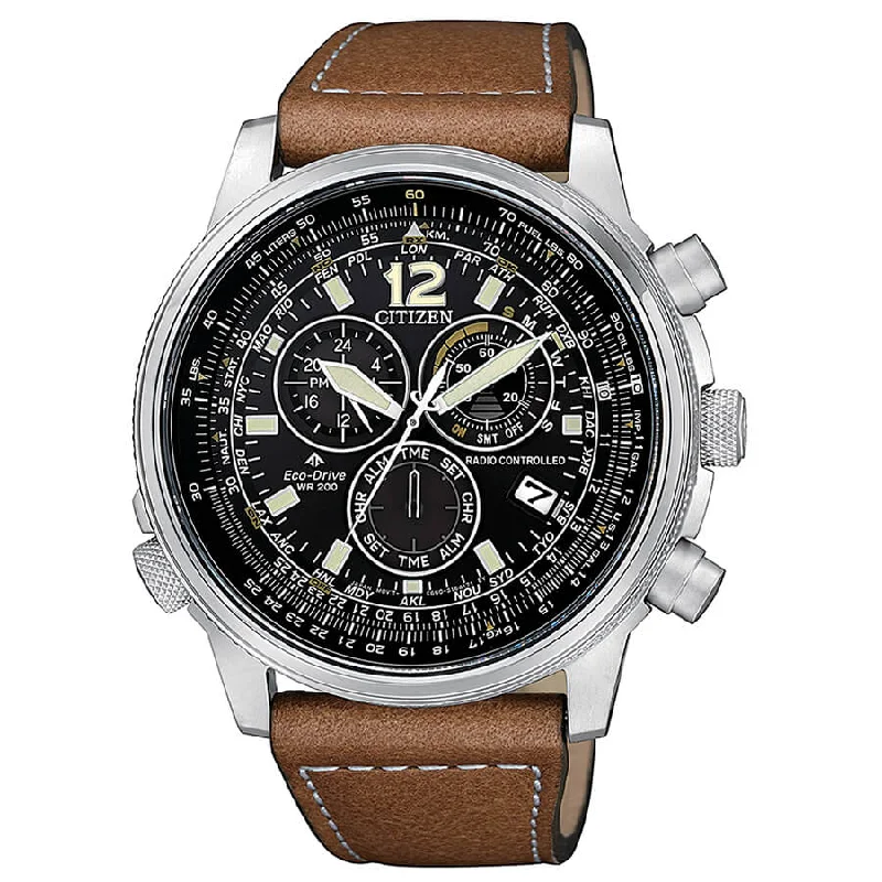 Men's Radio Signal Watches-Orologio Citizen CB5860-27E Pilot Crono brown pelle
