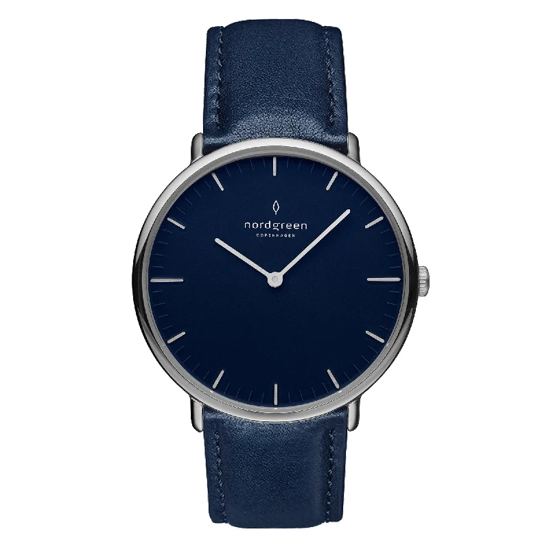 Men's Solar Powered Design Dress Watches-Nordgreen Native Navy Leather 36mm Silver Case Watch