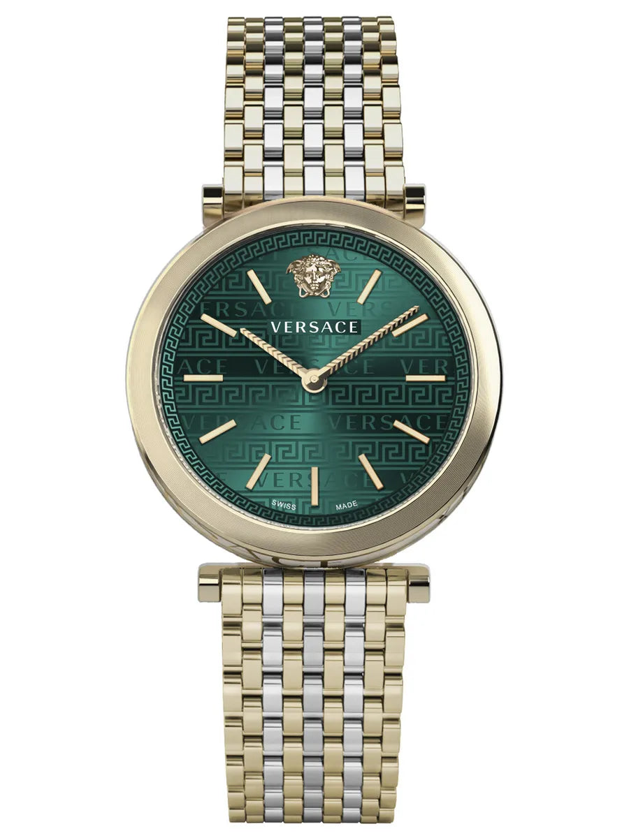 Men's Swiss Date Night Edition-Versace Ladies Watch V-Twist 36mm Green Two-Tone Bracelet VELS01219