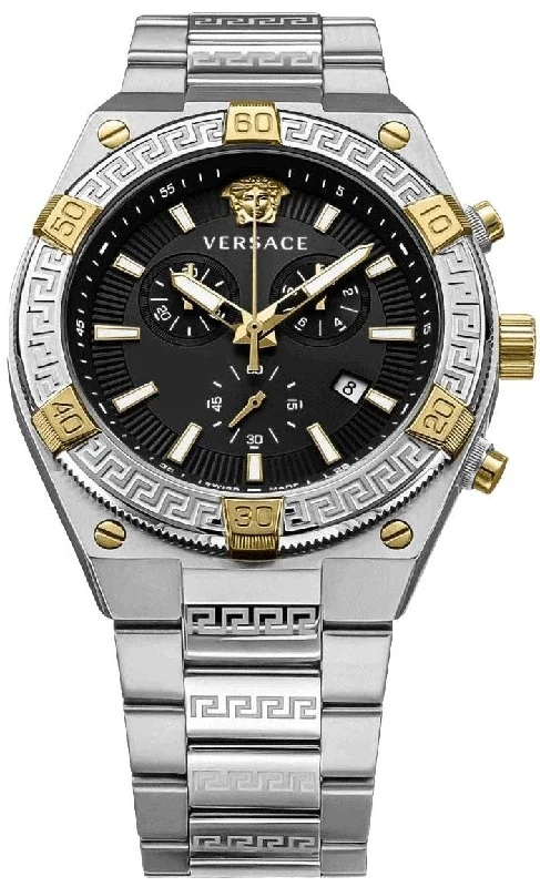Men's Swiss Birthday Edition-Versace Men's Watch Greca Sporty Chronograph 46mm Black Silver VESO01123