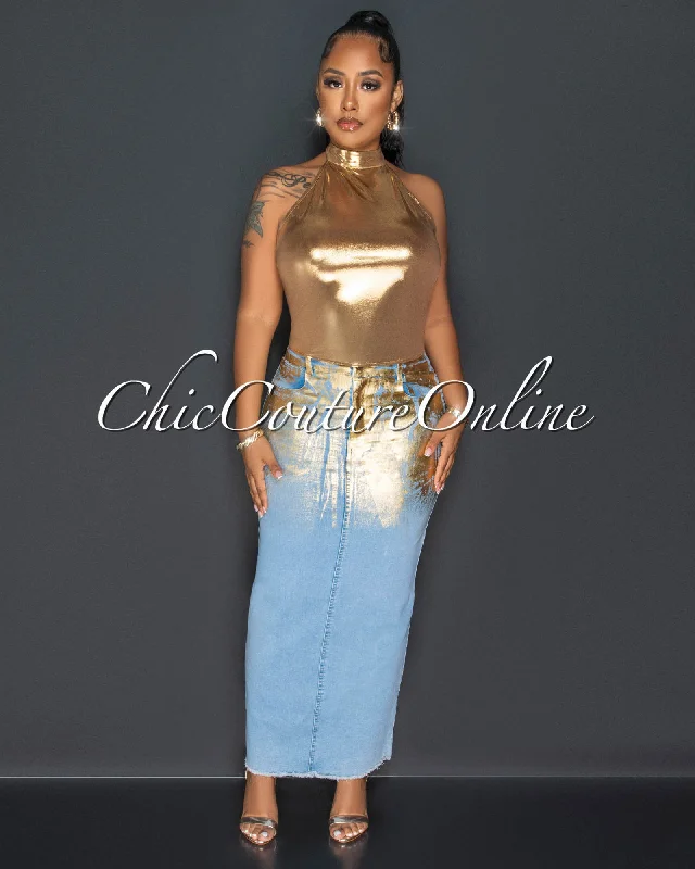 dice-gold-halter-top-light-denim-gold-foil-skirt-set