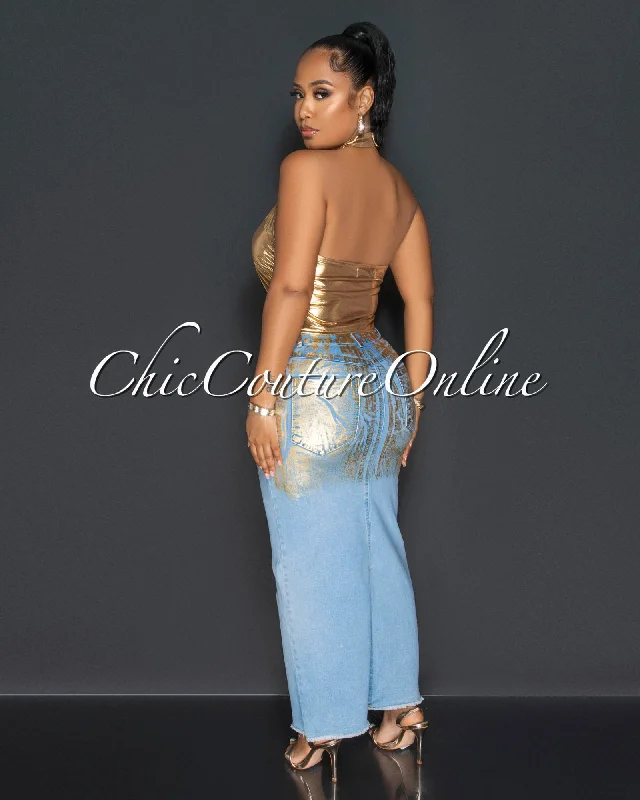 dice-gold-halter-top-light-denim-gold-foil-skirt-set