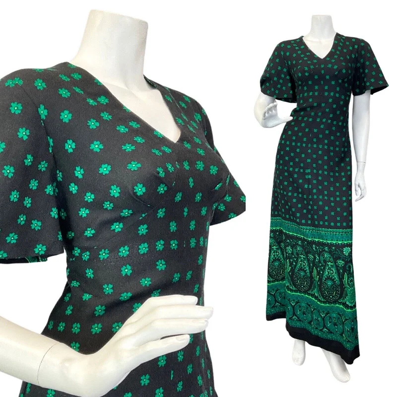 VINTAGE 60s 70s BLACK GREEN FLORAL PAISLEY MANDALA BOHO MAXI DRESS 10 12