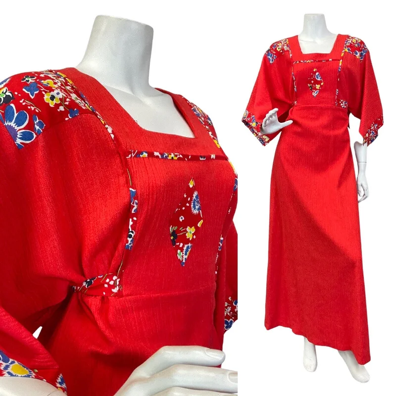 VINTAGE 60s 70s RED BLUE BLACK FLORAL KIMONO SLEEVE BOHO FOLK MAXI DRESS 8 10