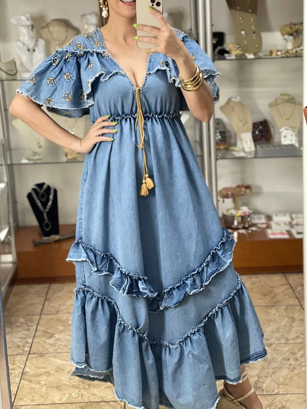 Embroidered Details Maxi Denim Dress