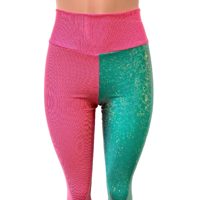 SALE - SMALL Holographic Colorblock Leggings - Pink and Jade Shattered Glass