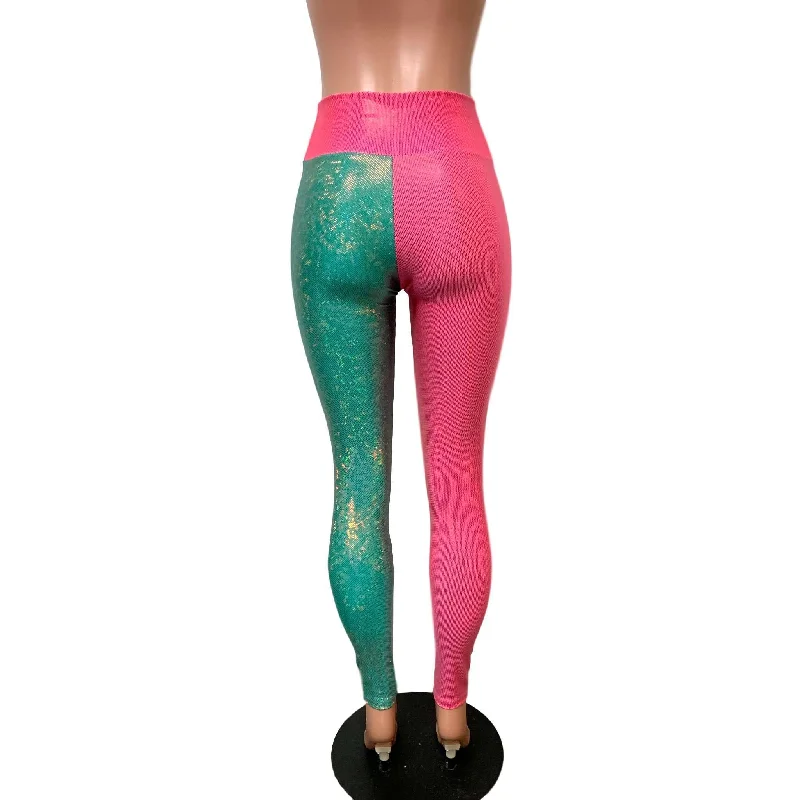 SALE - SMALL Holographic Colorblock Leggings - Pink and Jade Shattered Glass