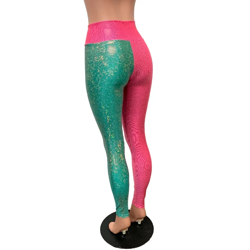 SALE - SMALL Holographic Colorblock Leggings - Pink and Jade Shattered Glass