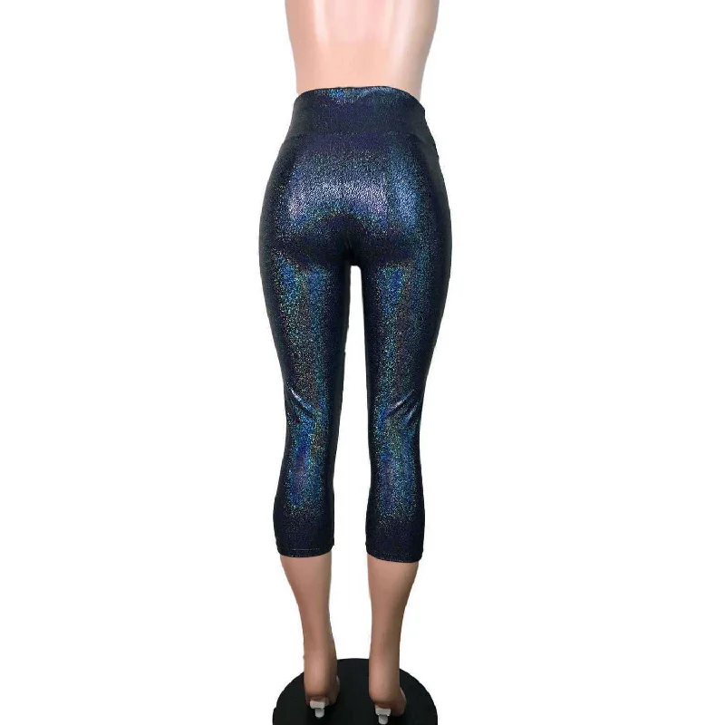 SALE - XL - Black Holographic Cropped Capri Leggings Pants