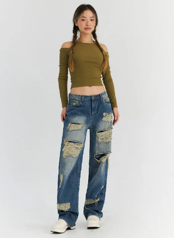 Destroyed Washed Denim Pants CN310