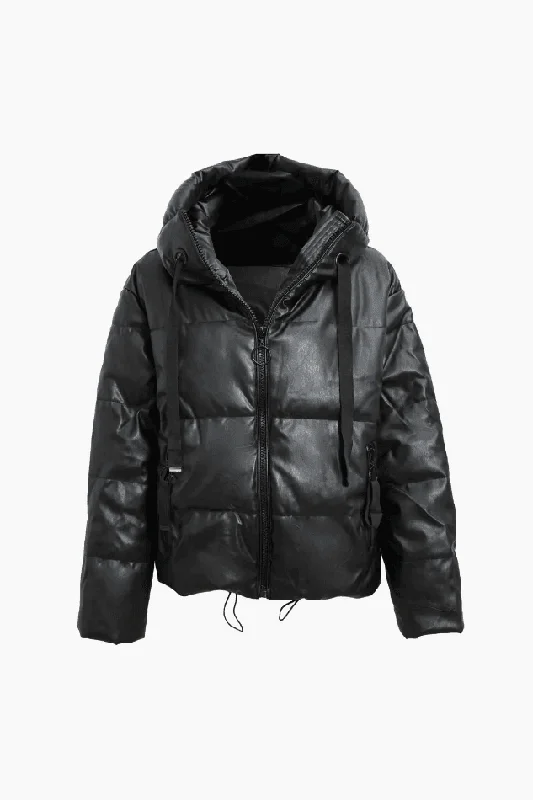 Faux Leather Hooded Puffer Jacket