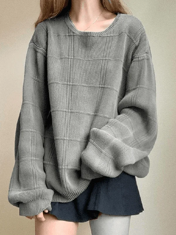 gray-plaid-pullover-knit-sweater