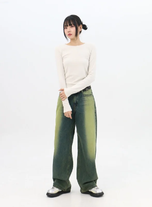 Green Wide Leg Washed Jeans IN310