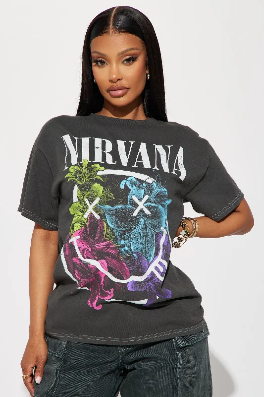 Nirvana Rainbow Floral Smiley Tee - Black Wash